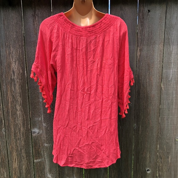 Vincente Tunic Top Tassel Trim 1/2 Sleeves Crinkle Scoop Neck Summer Beach - Picture 4 of 6